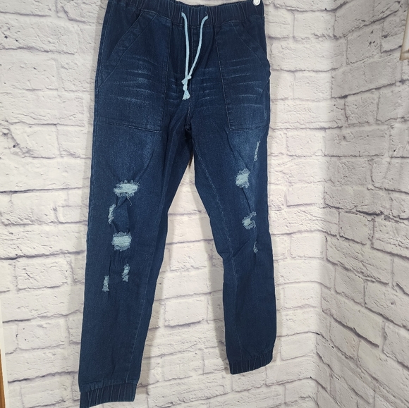 Women Pull-on Distressed Denim Joggers Elastic Waist Stretch Pants/ MEDIUM/NWOT - Picture 5 of 14